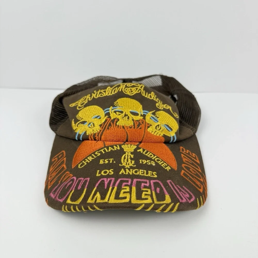 Christian Audigier Hat Embroidered Snapback Trucker Cap Brown Skulls Love LA